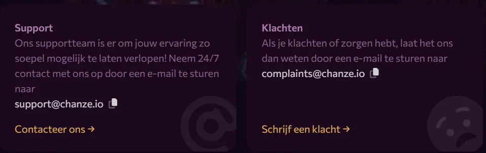 Chanze Casino klantenservice en ondersteuning voor spelers