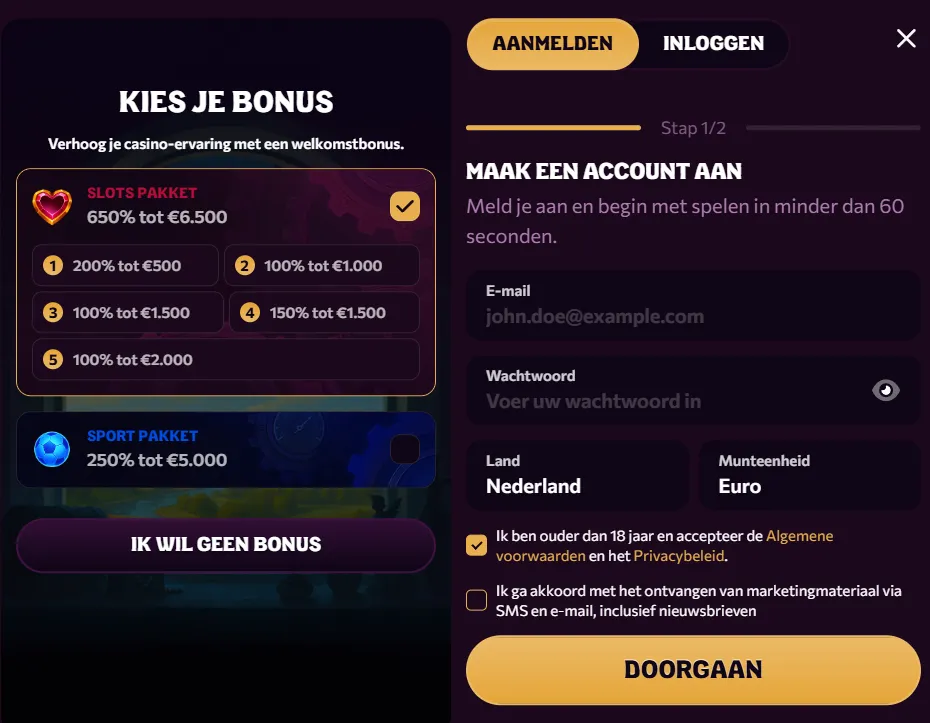 Registratieproces en account aanmaken bij Chanze Casino
